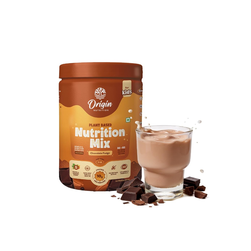 Origin Kids Nutrition Mix | Ages 7-12 | 10g Plant Protein | Eye Health, Immunity & Height Growth | Chocolate Fudge, 316g | Zero Refined Sugar | Plant-Based
