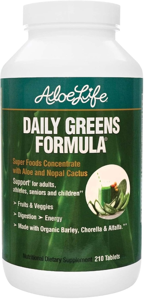 Aloe Life - Daily Greens Tablets, Certified Organic Health Supplement, Antioxidants, 21 Fruits, Veggies, & Herbs Including Aloe & Nopal Cactus, Low-Calorie, Keto-Friendly, Gluten-Free (210 Tablets)