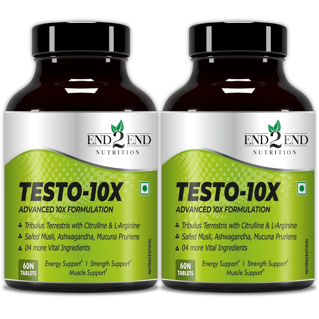 End2End Nutrition Testo 10X Natural Testosterone Booster Supplement for Men | Testosterone Support Supplement For Men To Support Energy, Stamina, Strength & Muscle Gain – (Pack of 2) 60x2 Tablets