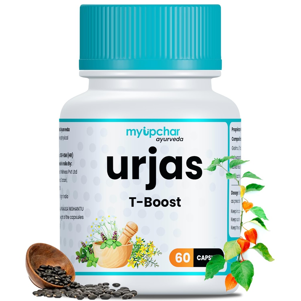 myUpchar Ayurveda Urjas Testosterone Booster Supplement Capsules | With Ashwagandha, Safed Musli, Gokshura & Kapikacchu | For Energy and Stamina Booster, Muscle Growth | Pre & Post Workout Supplement | For Men | 60 Veg Capsules | Pack of 1