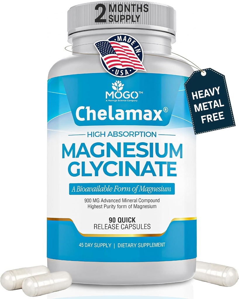 Chelamax Magnesium Glycinate.Dead Sea Sourced, 100% Chelated Magnesium for Sleep Support, Muscle Cramps, Bone Health. Made in USA, 3rd Party Tested,Heavy Metal Free,Glicinato de Magnesio Capsules.