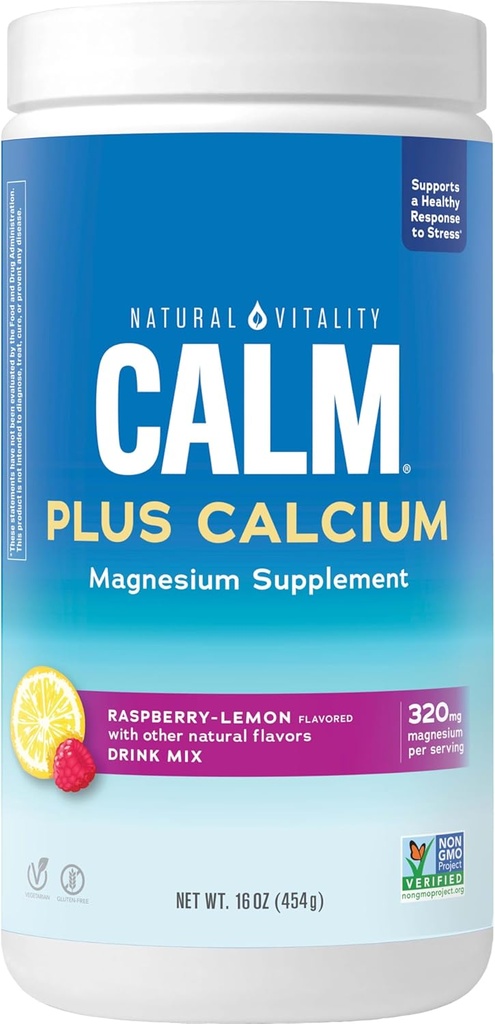 Natural Vitality Calm, Magnesium & Calcium Supplement, Drink Mix Powder Supports a Healthy Response to Stress, Gluten Free, Vegan, & Non-GMO, Raspberry Lemon, 16 oz
