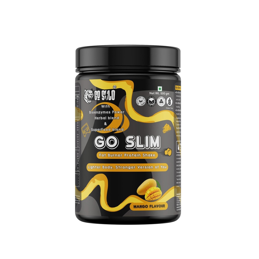 Go Slim Fat Burner Protein Shake by GOSOLO | Weight Management Shake, Mango Flavour, 500 gm | With Bioenzymes Power, Herbal Blend & Superfood Blend | With Vitamins, Minerals & Amino Acid Blend | Perfect Balance For One Time Food Replacement (male)