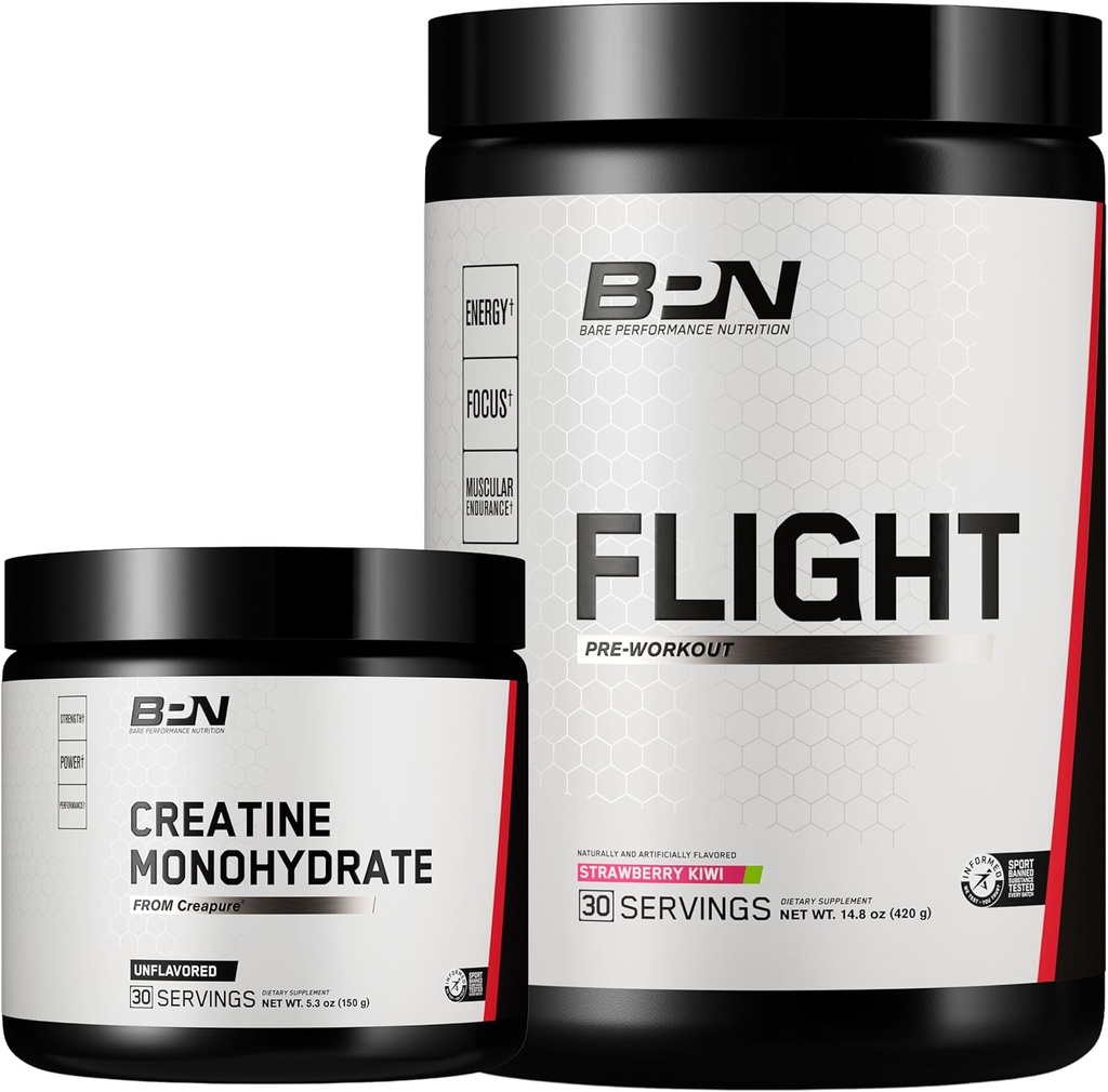 BARE PERFORMANCE NUTRITION BPN Creatine Monohydrate & Flight Pre Workout (Strawberry Kiwi) Bundle
