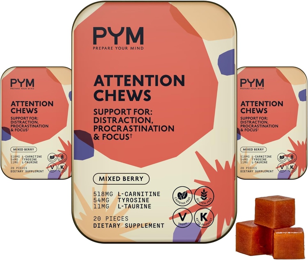 PYM Attention Chews Support for Procrastination, Focus & Productivity, 60 Count | 518mg L-Carnitine, 54mg Tyrosine, 11mg L-Taurine - Caffeine-Free | All-Natural Mood Boost Supplement Made in USA