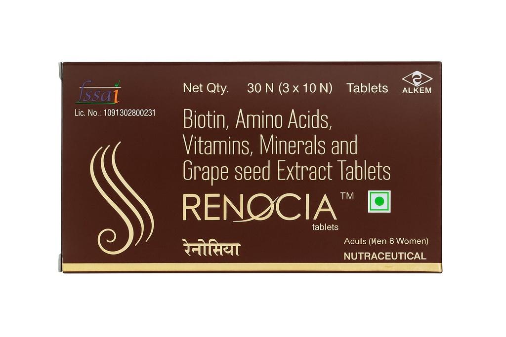 Reno-cia Tablets | Biotin, Amino Acids, Vitamins, Minerals & Grape Seed Extract Nutraceutical Supplement for Hair Health, Fall Control & Scalp Nourishment for Men & Women | 30 Tablets (3 x 10N)