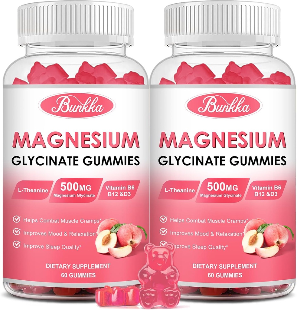 (2 Pack) Magnesium Glycinate Gummies-Magnesium Glycinate 500mg, Magnesium Complex Supplement with Potassium, VitaminD, B6 for Calm, Sleep&Stress Relief-Sugar Free, 120 Peach Magnesium Gummies