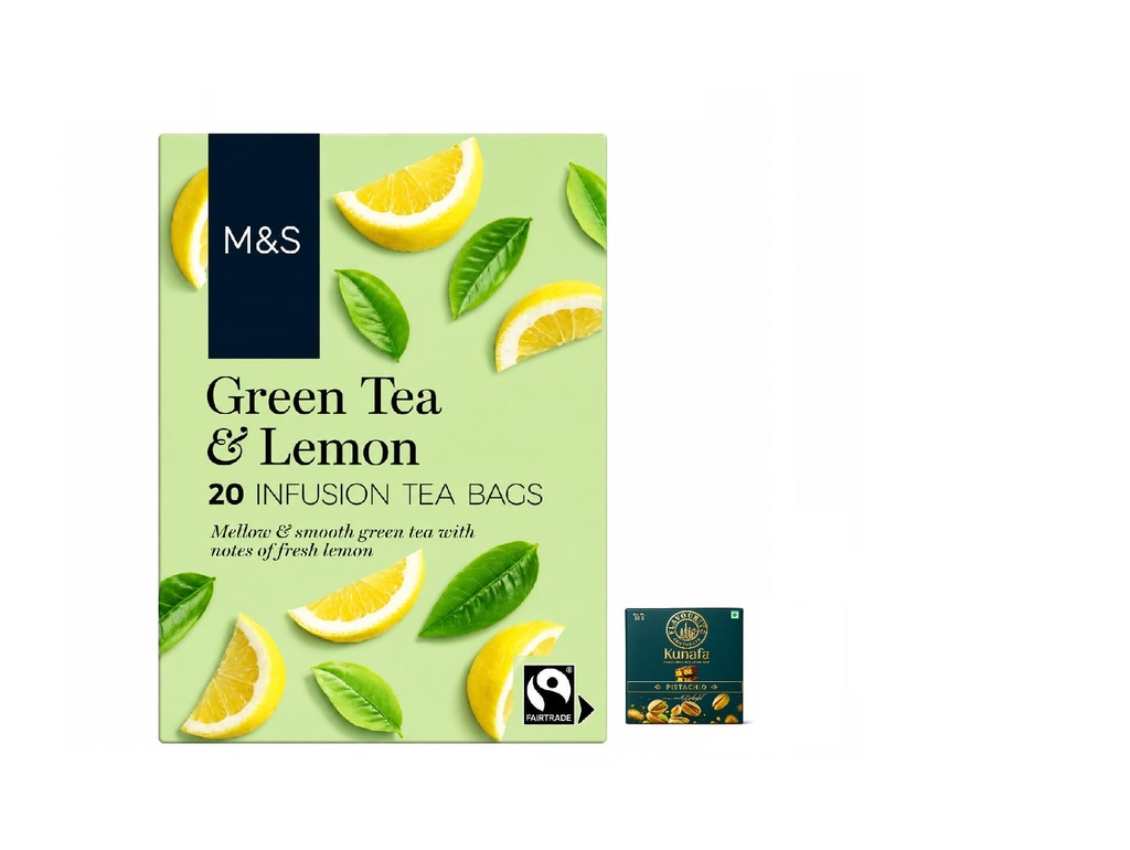 M&S's Green Tea & Lemon Infusion 20 Tea Bags, Mellow & Smooth,with Free Flavourito Kunafa Pistachio Chocolate Bar, 20g By Decadent Foods