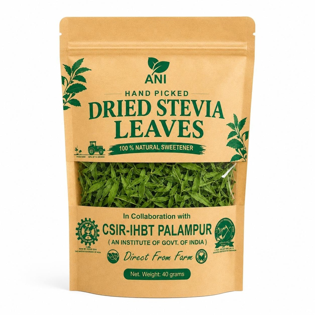 ANI Natural Dried Stevia Leaves 40g | Natural Sweetener, Calorie-Free | Regulates Blood Sugar Levels | Sugar Substitute | In Association with CSIR -IHBT, Palampur (An Institute of Govt. of India)