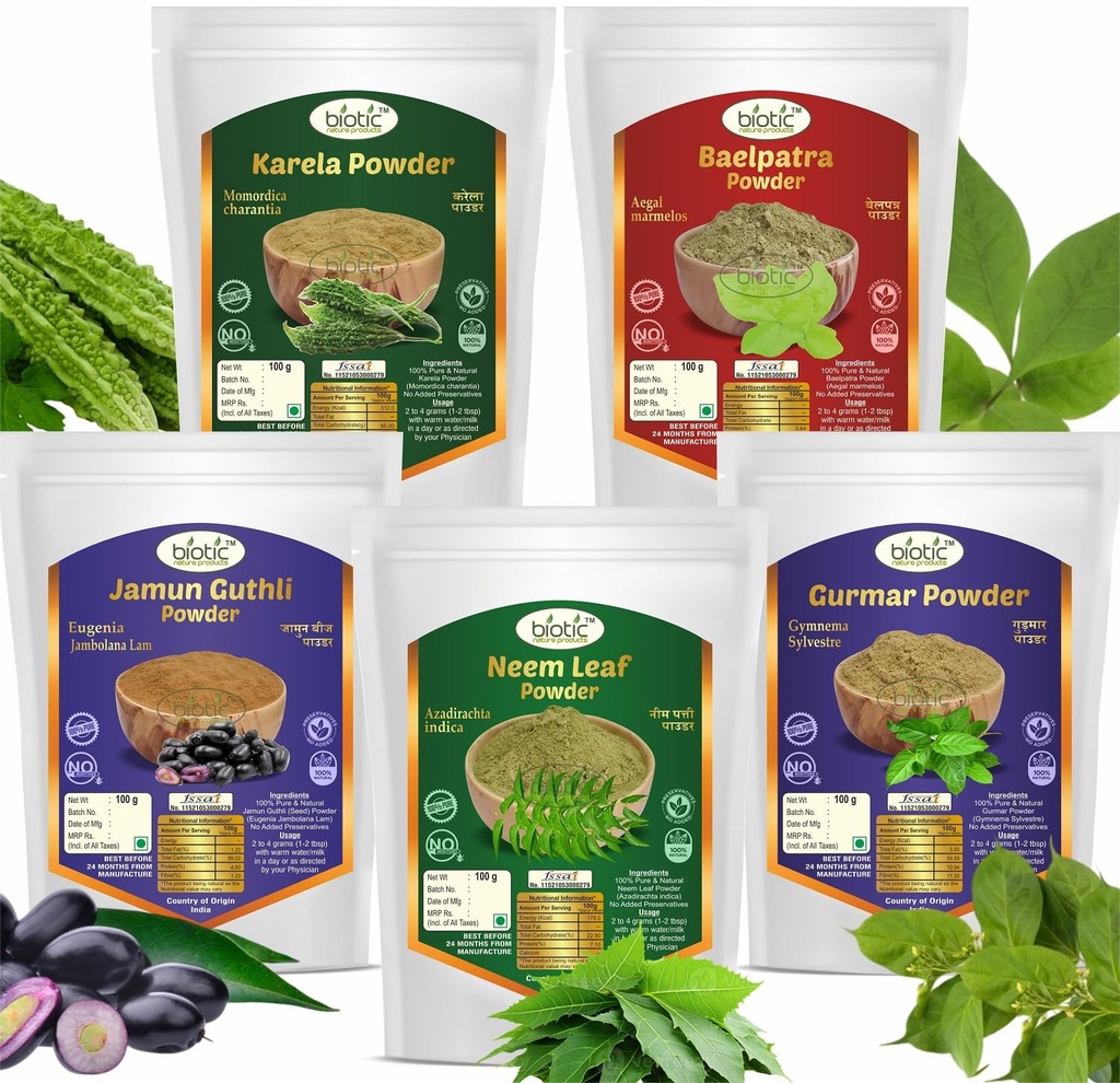 Biotic Natural Neem, Karela, Gurmar, Belpatra and Jamun Seed Powder - 500gm (100gm each)