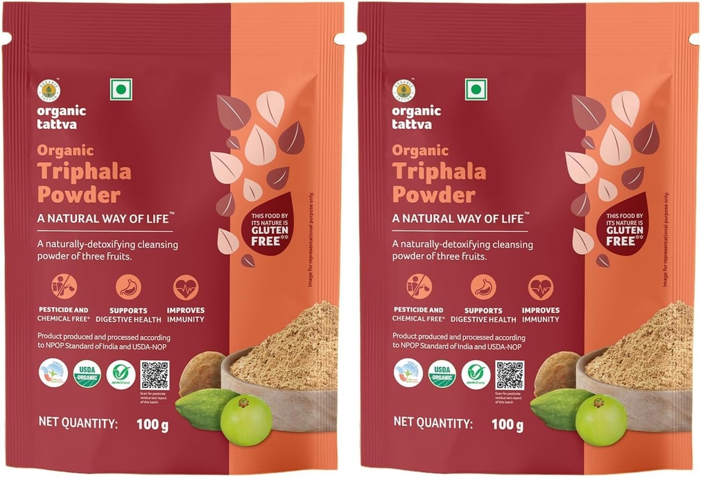 Organic Tattva, Organic Triphala Powder 100 Gram Tin | All Natural,No Artificial Additives Or Harmful Pesticides | for Gastrointestinal Health & Immune System (Pack of 2)