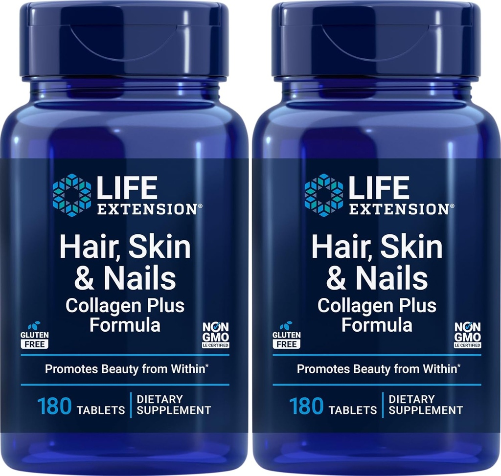 Life Extension Hair, Skin & Nails Collagen Plus Formula, 180 Tablets (Pack of 2)