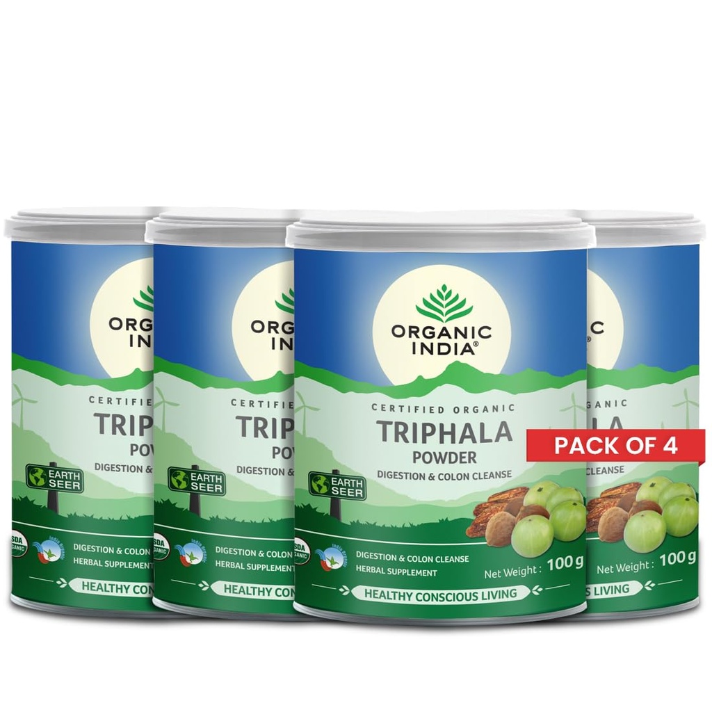 A TATA Product - Organic India Triphala Powder, 100g (Pack of 4), Aids gut health, Digestion support, Certified Organic, No added fillers or chemicals