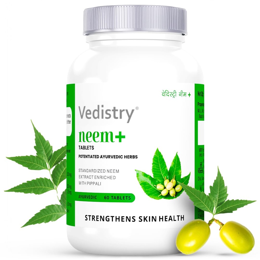 Vedistry Ayurvedic Neem+ Tablets for Skin & Blood Purifier with Neem & Piperine | Promotes Clear Healthy Skin, Reduces Acne, Allergies, Anti-Bacterial and Anti-Viral Formula | Helps in Full Body Detox, Immunity Booster & Overall Wellness – 60 Tablets (Pack of 1)