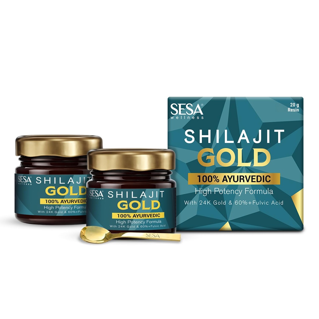 SESA Shilajit Gold Resin 40g With 24k Gold 60%+ Fulvic Acid (Certificate Included) Helps Boost Stamina, Immunity & Muscle Recovery 100% Ayurvedic - 20 g (Pack of 2)
