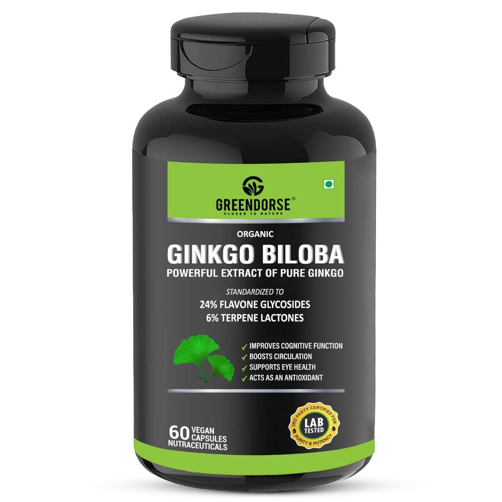 GREENDORSE Organic Ginkgo Biloba Pure Extract 120 mg | Standardized to 24% Flavone Glycosides & 6% Terpene Lactones | Cognitive Support, Circulation Booster & Antioxidant - 60 Veg Capsules