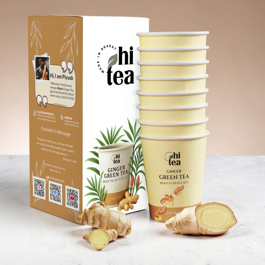 HI TEA Ginger Green Tea | Just Add Hot Water | Instant Green Tea Cups | 8 Cups/Box