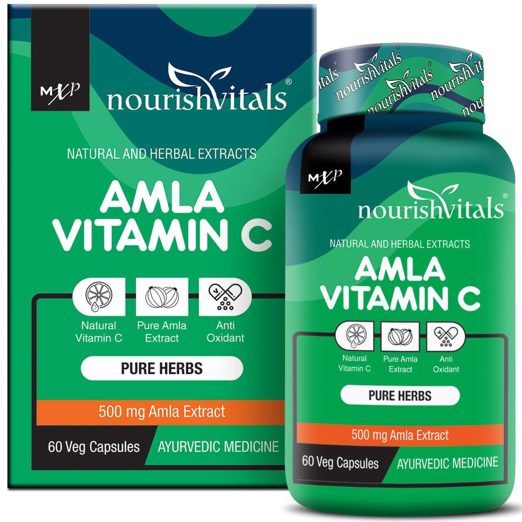 NourishVitals Amla Vitamin C with Tannins > 25% Pure Herbs, 500 mg Amla Extract 60 Veg Capsules