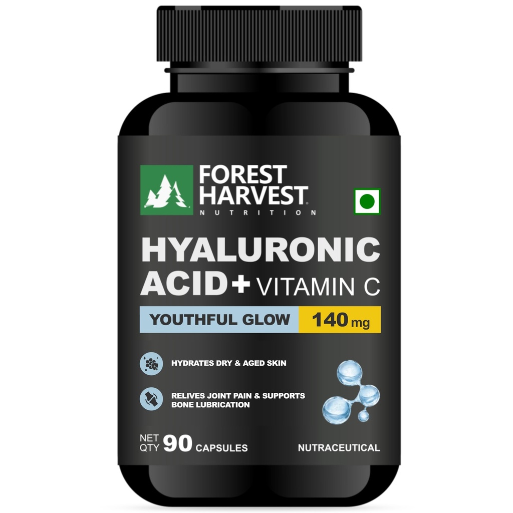 Hyaluronic Acid 100mg + Vitamin C 40mg | 90 Veg Capsules | Deep Skin Hydration, Glow & Joint Support | 2X Strength Antioxidant Formula | WHO-GMP, ISO & HACCP Certified