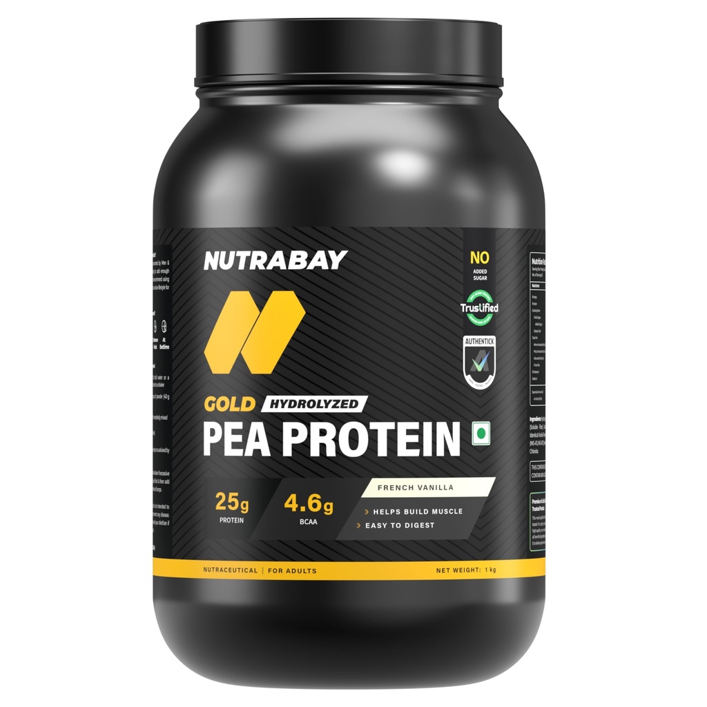 NUTRABAY Gold Hydrolyzed Pea Protein Powder - 1kg, French Vanilla | 25g Protein, 4.6g BCAA, 5g Fiber | Complete Amino Profile | Tastiest & Smoothest Vegan, Plant Protein | Muscle Gain & Fast Recovery