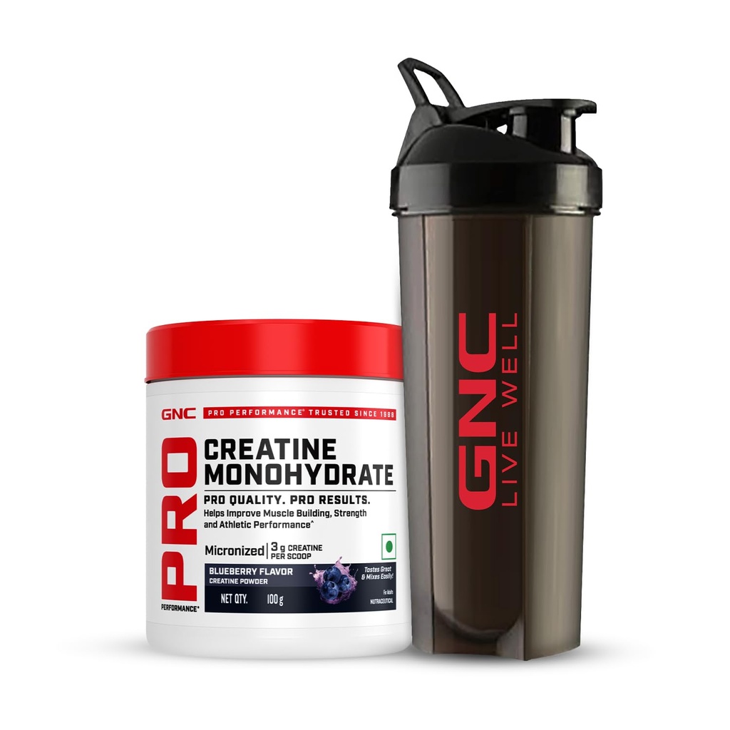 GNC Pro Performance Creatine Monohydrate with Black Shaker- 3000mg Creatine Per Scoop | Micronized for Faster Absorption | Boosts Energy, Muscle Volume & Performance | Gluten-Free | Blueberry | 100gm