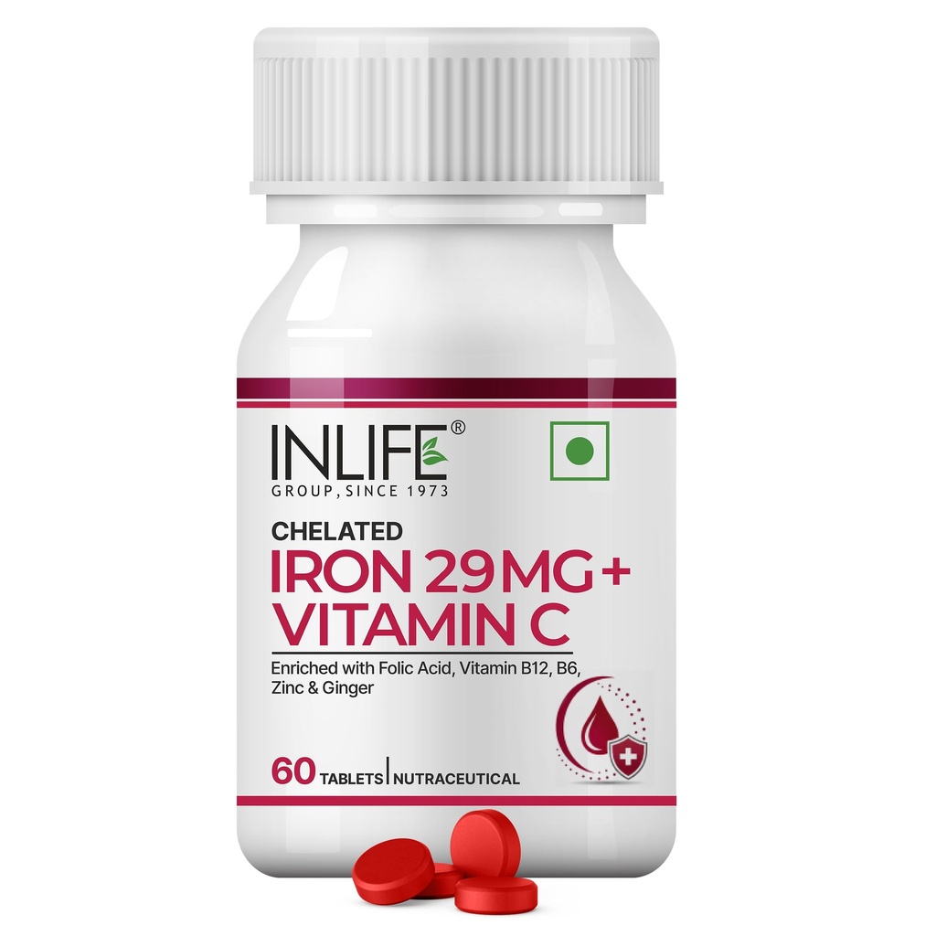 INLIFE Chelated Iron 29mg, Vitamin C, Zinc, B12, B6, Folic Acid, 60 Tablets
