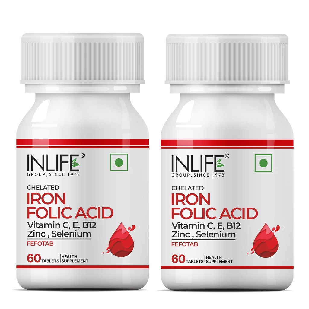 INLIFE Iron Folic Acid, Ferrous Bisglycinate, 60 Tablets, (Pack of 2)
