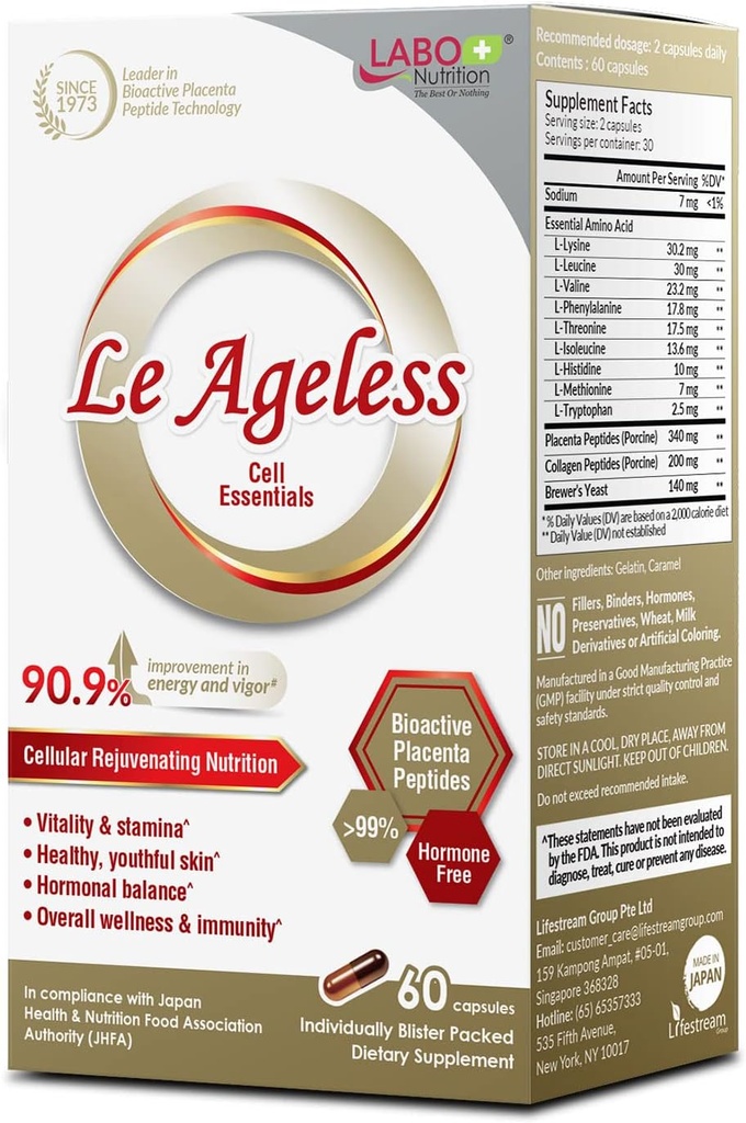 LABO Nutrition Le Ageless – Placenta Cell Rejuvenating Therapy from Japan – Enhanced with Collagen Peptide and Brewer’s Yeast to Supports Immune Health, Skin Regeneration, Anti-Aging – 60 Capsules
