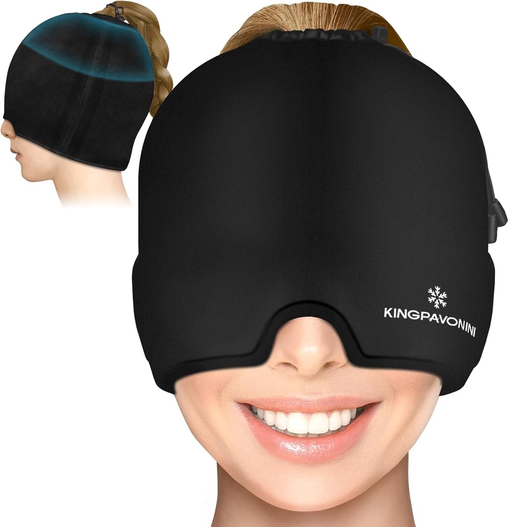 Gel Ice Migraine Headache Relief Cap, Adjustable Headache Cap Migraine with Drawstring Fits All Heads, Cold Compression Migraine Relief Cap for Tension, Stress, Sinus, Puffy Eyes, Hot/Cold Therapy