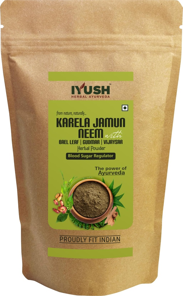 IYUSH Herbal Ayurveda Karela Jamun Neem Powder with Gudmar, Vijaysar, and Bael Leaf, 400 Gram