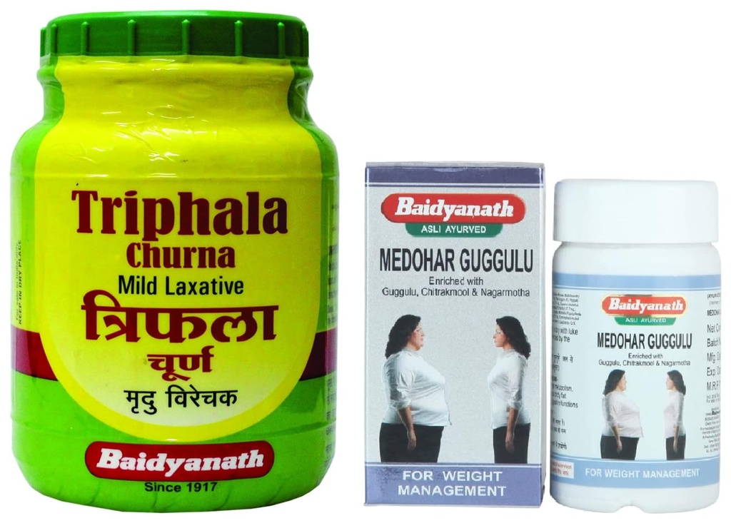 Baidyanath Medohar Guggulu 120 Tab & Baidyanath Nagpur Triphala Churna, Vitamin C, Iron & Zinc, Natural,Pack of 500 g COMBO