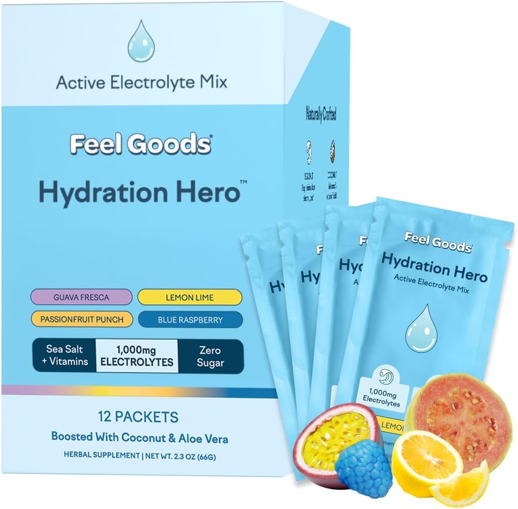 Feel Goods Hydration Hero, Variety Pack, 1,000mg Electrolytes Powder, Sugar Free, Magnesium, Organic Aloe Vera, L Theanine, Vitamin C, Vegan, Non GMO, On The Go Electrolyte Packets, 12 Count