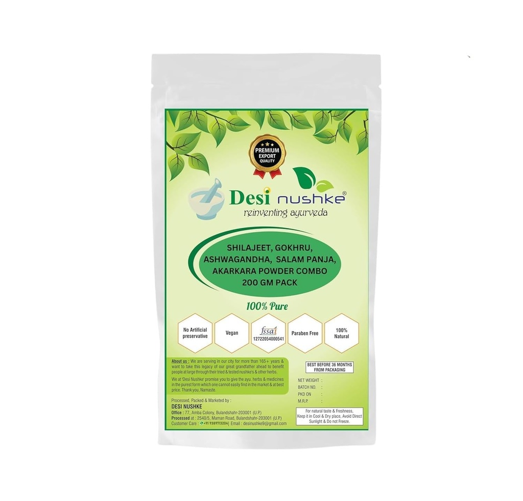 200 gm Shilajit, Gokhru, Ashwagandha Root, Salam Panja & Akarkara Root Powder Combo | Stamina, Vitality & Power Booster |Pure Natural Herbal Blend for Men