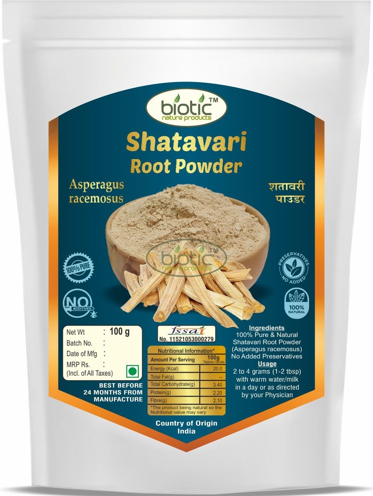 Biotic Shatavari Powder Organic 100gm for Women (Asparagus racemosus) Satavari- Powder - Satavar Churna - Shatavar Root Churn - Satawar Churan