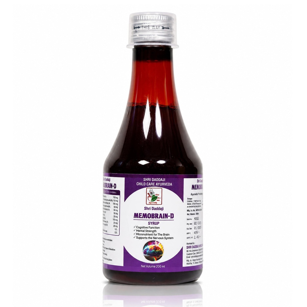Shri Daddaji Memobrain-D Syrup 200ml | Ayurvedic Brain Tonic for Kids | Supports Cognitive Function, Mental Strength, Speech Delay, Concentration & Hyperactivity | Herbal Memory Booster