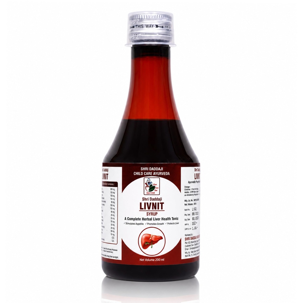 Shri Daddaji LIVNIT Syrup 200ml | Ayurvedic Liver Health Tonic | Herbal Detox for Healthy Liver, Digestion & Immunity | Boosts Appetite & Promotes Growth | Natural & Safe for All Ages