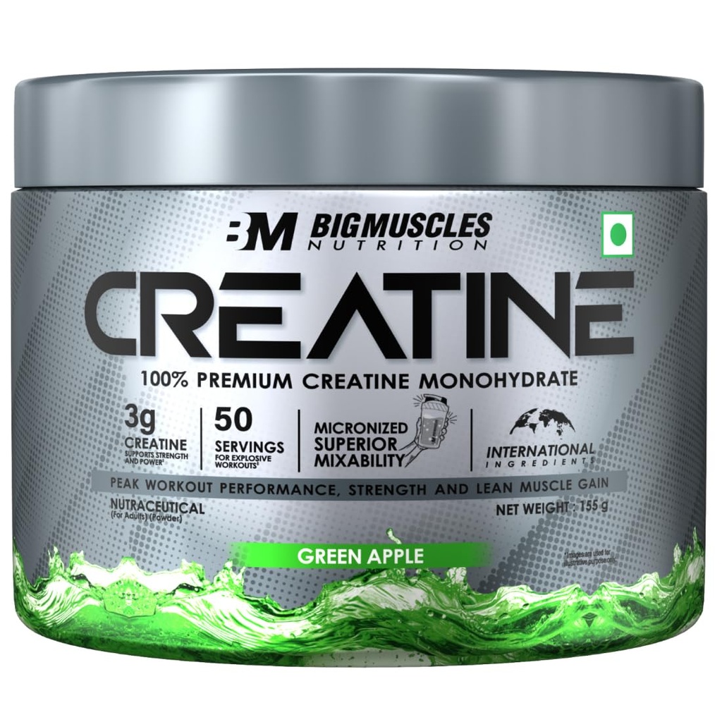 Bigmuscles Nutrition Creatine [155g, 50 Servings]|Green Apple | Micronized Creatine Monohydrate To Support Lean Muscle Repair & Recovery|Increase Strength&Athletic Performance,Powder, 1 count