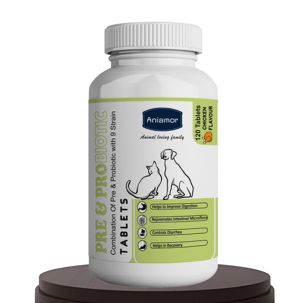 Aniamor Pre - Probiotic Tablets for Dogs and Cats | Probiotics for Dogs | Dog Gut Health Supplement |Helps in Proper Digestion | Dog Supplements | Chicken Flavour | for All Life Stages | 60 Tablets