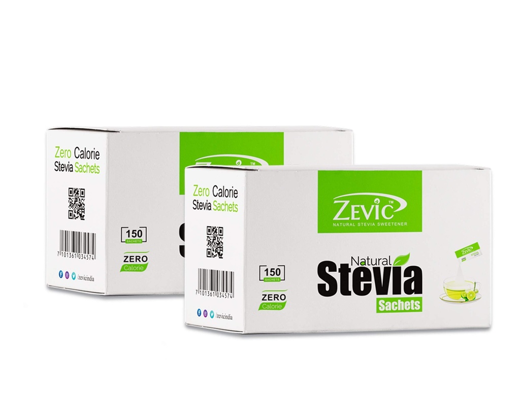 Zevic 100% Sugar Free Natural Stevia Sachets | Zero Calories | Vegan & Keto | Diabetic Friendly - 150 Units, (Pack of 2)