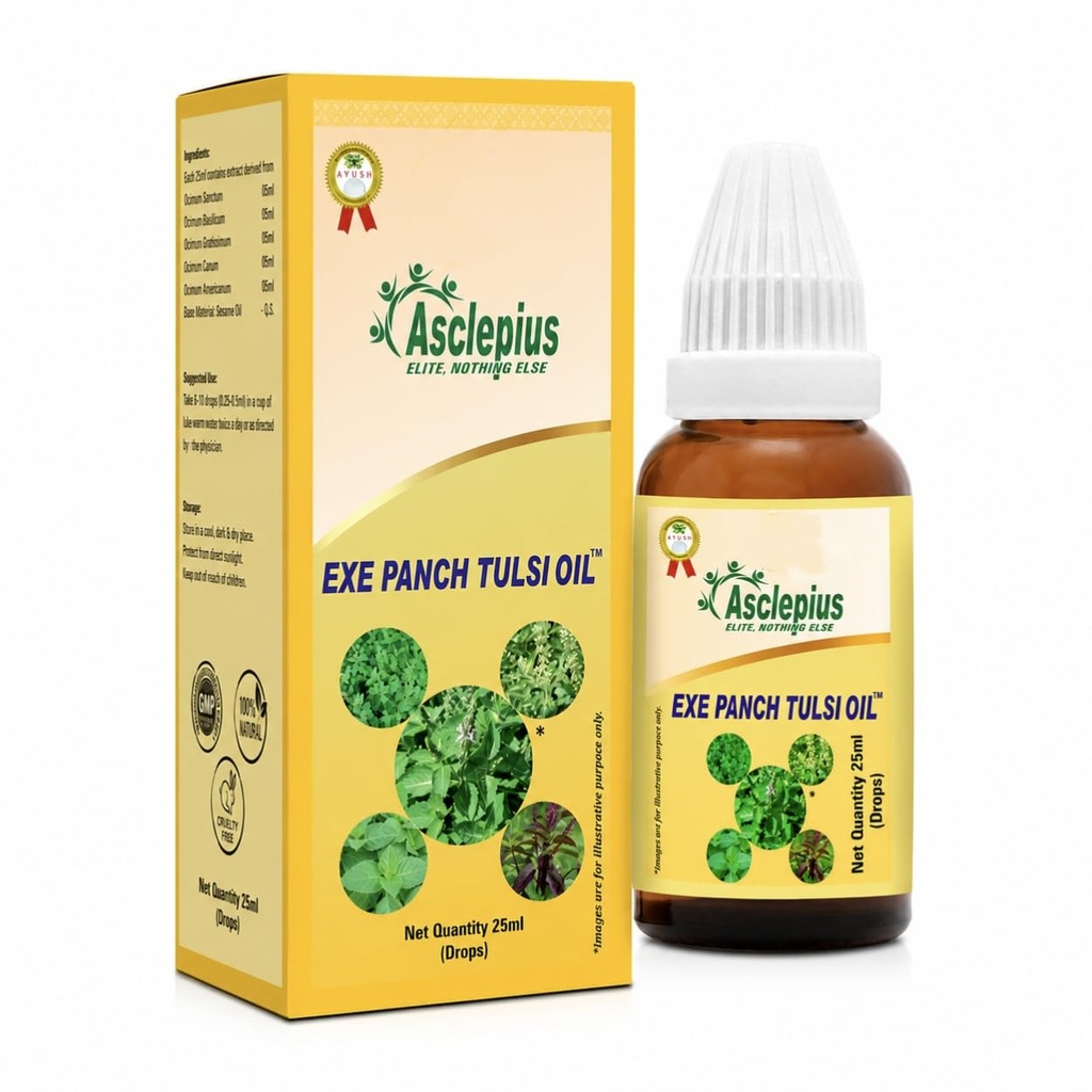 Asclepius EXE Panch Tulsi Oil | Ayurvedic Tulsi Drops with 5 Types of Rama, Shyama, Van, Shwet & Sri Tulsi | Herbal Wellness Formula for Immunity & Respiratory Health Support (25ml)