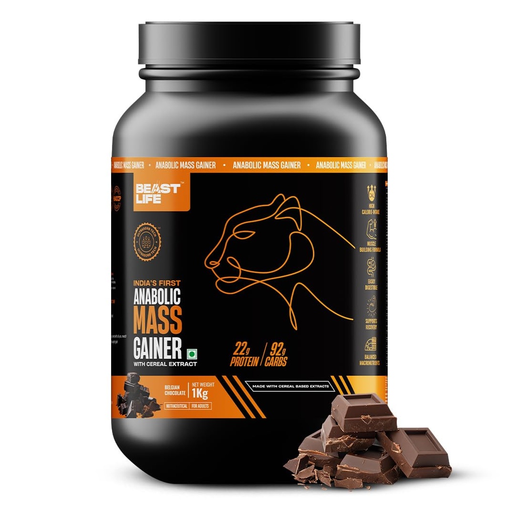 BEASTLIFE High Protein Mass/Weight Gainer 1 KG Belgian Chocolate NABL LAB Tested For Muscle Gain & Fast Growth Cereal-Based Formula, No Maltodextrin India's #1 Cereal Based Bulk Gainer