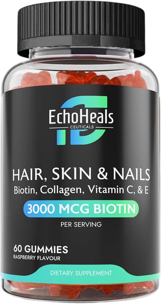 Hair, Skin & Nail Gummies | Biotin Collagen Vitamin C & E Supplement | 3000mcg Biotin | Raspberry Flavored | 60 Gummies