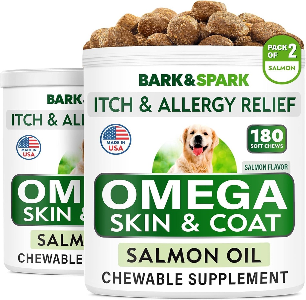 BARK&SPARK Omega 3 for Dogs - 360 Fish Oil Treats for Dog Shedding, Skin Allergy, Itch Relief, Hot Spots Treatment - Joint Health - Skin and Coat Supplement - EPA & DHA Fatty Acids - Salmon Oil