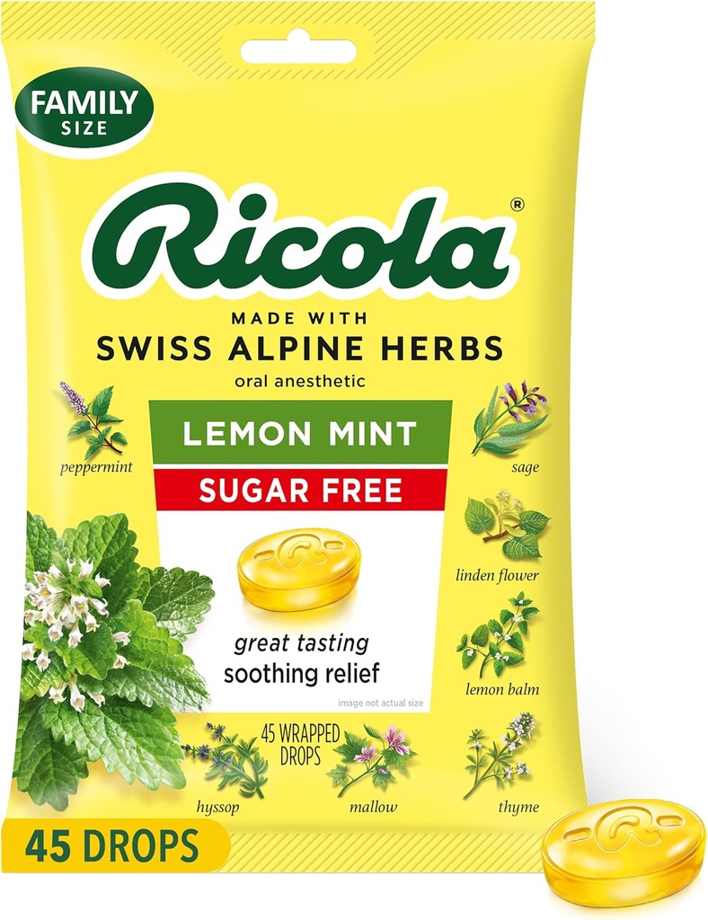 Ricola Sugar Free Lemon Mint Throat Drops, 45 Count, Refreshing Relief From Minor Throat Irritations, Oral Anesthetic