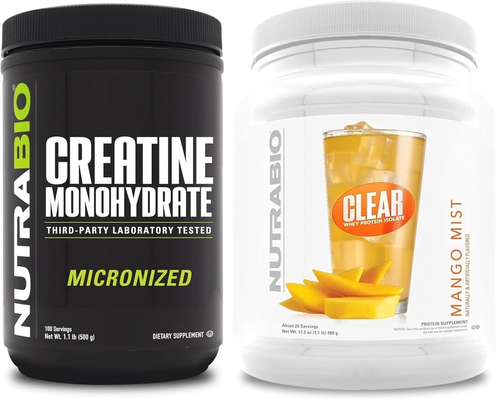 NutraBio Creatine Monohydrate, Unflavored, (500 g) and Clear Whey Protein Isolate, (Mango Mist) Supplement Bundle – Muscle Energy, Maximum Growth, Recovery, and Strength