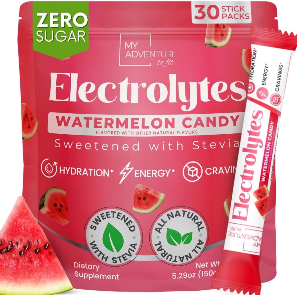 Zero Sugar Watermelon Candy Electrolytes Powder Packets (30 Pack) - All Natural Ingredients, Caffeine Free Energy for Refreshing Hydration - Vegan, Keto, Paleo Sugar Free Electrolytes Powder No Sugar