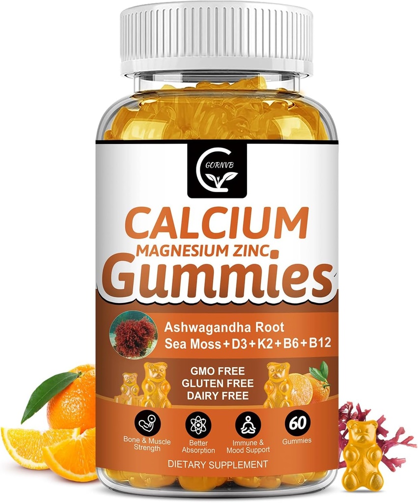 1200mg Calcium Gummies with Vitamin D3,K2,B12 & B6 - Plant Complex Calcium Magnesium Supplement with Glycinate,Potassium,Sea Moss,Ashwagandha Root for Bone & Teeth Strength, Muscle & Immune