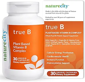 NatureCity True-B Plant-Based Super B Vitamin Complex Supplement |Made from Certified Oraganic Whole Food Plant Sources with Active Folate and Vitamin B12 - (30 Veggie Capsules)