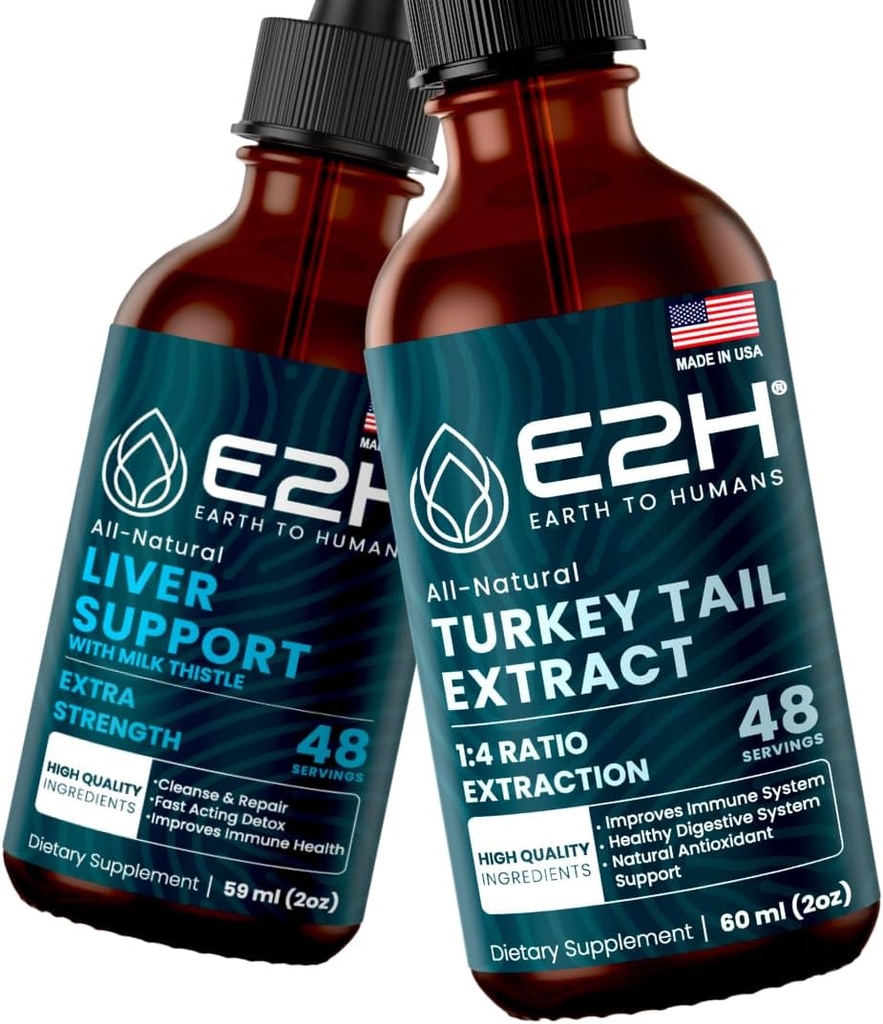 E2H: Liver Support Supplement and Turkey Tail Mushroom Extract | Vegan, Non-GMO - 2 Fl Oz Each (4 Fl Oz Total) - Bundle