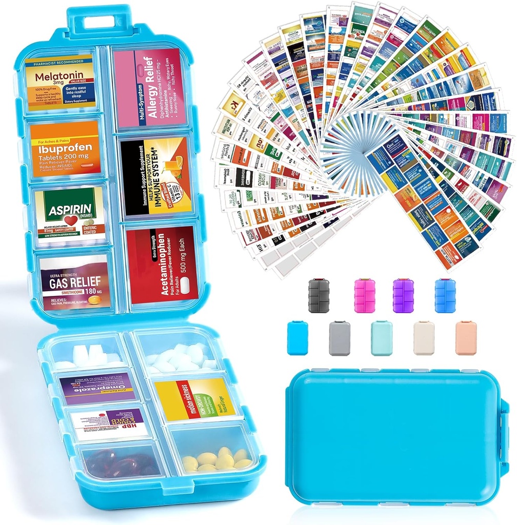 14 Grids Travel Pill Organizer Box with 415-Pcs Medicine Name Labels - Pocket Daily Pharmacy Case Container Kit - Travel Medication Holder Dispenser for Fish Oil Vitamin Supplement Storage - Blue